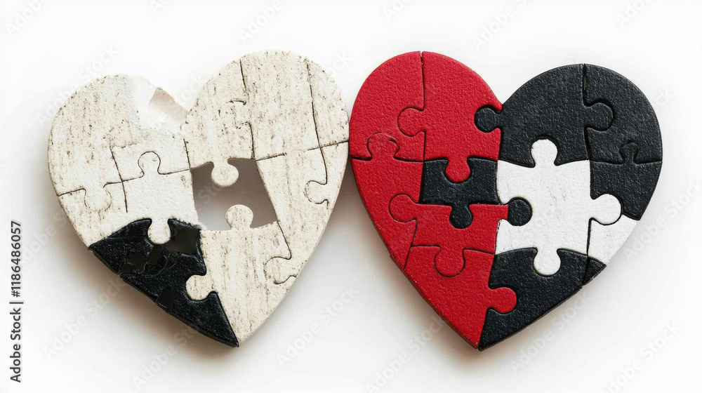 Aufkleber relationship, 3d visualization of a heart puzzle featuring two pie sections, high fidelity image sho