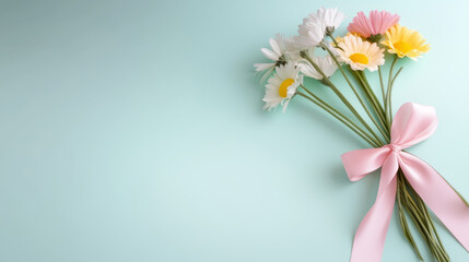 Obraz premium Minimalist fisheye angle photo of a pastel-colored ribbon tied around a small bouquet of daisies with copyspace on a light blue background