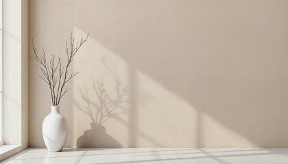 3D rendering of the interior background of a room including a stucco wall and a vase with branches