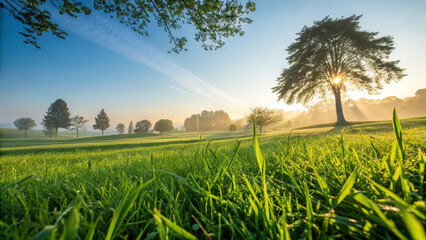 A lush green natural lawn with sunlight shining on it.