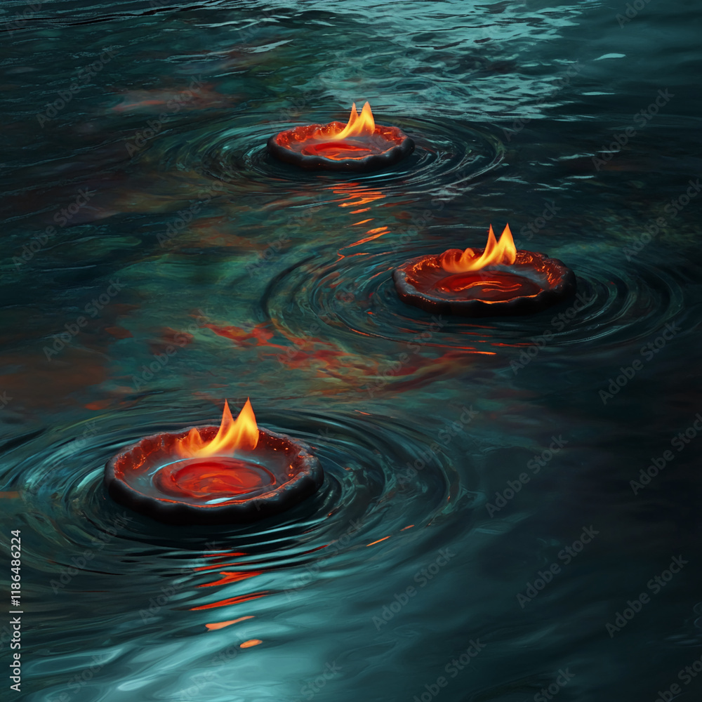 Poster floating fire candles on water creating ripples and warm reflections