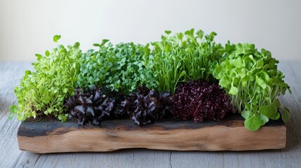 Vibrant array of fresh microgreens on rustic wooden plank