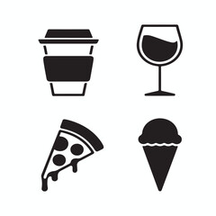 A collection of black and white icons featuring popular food and drinks including coffee, pizza, ice cream, and more. Perfect for food-related websites, blogs, or menu designs.