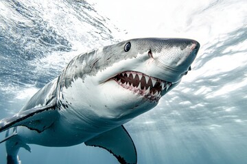 Fototapeta premium A great white shark swims gracefully through clear waters, showcasing its powerful body and sharp teeth in an underwater environment.