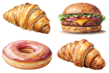 Delicious baked goods, colorful pastries, gourmet burger, sweet donut, appetizing food illustrations.