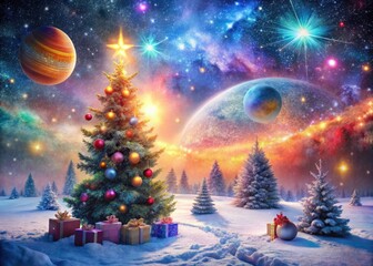 Naklejka premium Glowing galaxies intermingle with Christmas cheer, a double exposure of celestial joy.