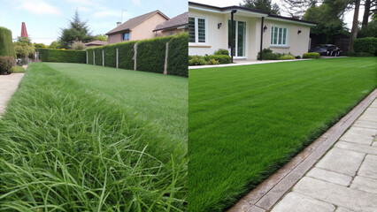 Side-by-side comparison of natural and synthetic lawns.