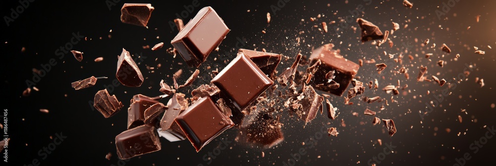 Aufkleber Chocolate chunks and shards are exploding and levitating on a dark background, creating a dynamic and visually appealing scene with a warm, inviting atmosphere