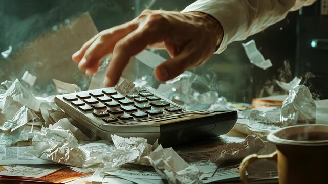 Hands frantically working on a calculator amid a chaotic desk filled with crumpled papers and scattered documents