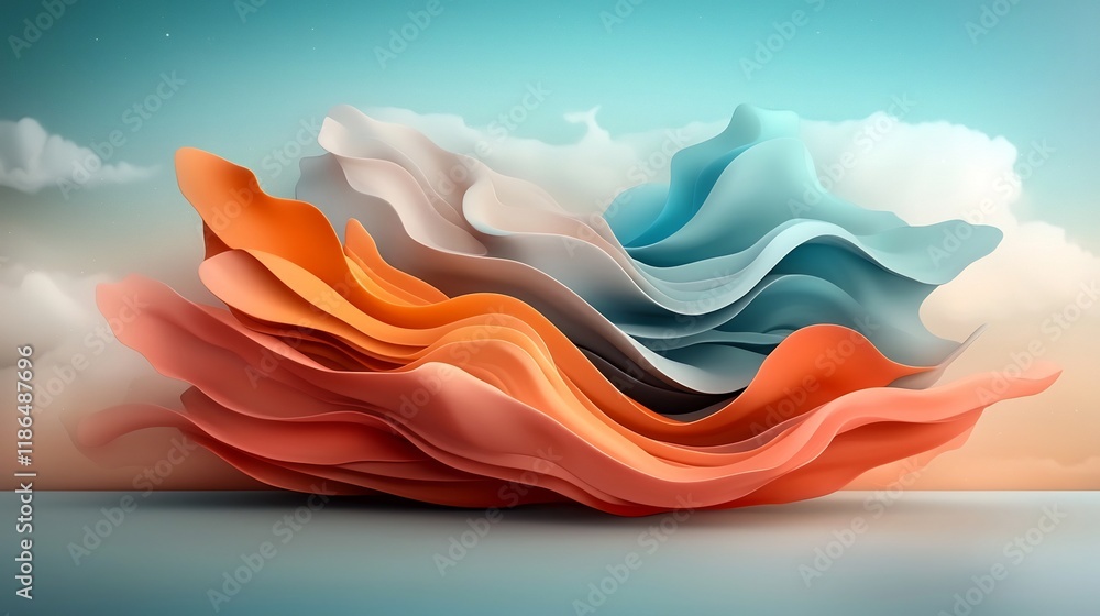 Poster undulating wavy abstract shapes with a mesmerizing kaleidoscopic pattern and vibrant iridescent colo