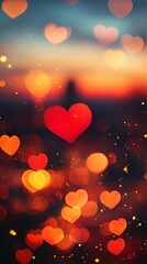 Romantic blurred heart-shaped bokeh lights background for love-themed designs.