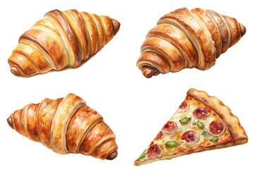 Delicious baked goods, fresh croissants, savory pizza slice, watercolor style, food illustration, culinary art.