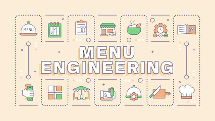 Menu engineering pale yellow word concept. Maximizing dishes profitability and popularity. Typography banner. Vector illustration with title text, editable icons color. Hubot Sans font used