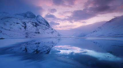 A tranquil frozen lake reflecting the pale winter solstice sky under soft twilight hues