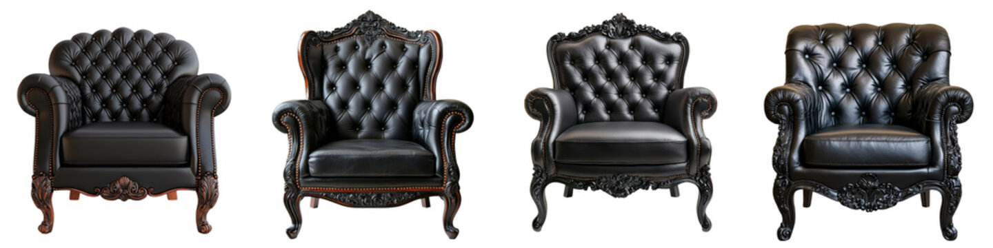 Lavish and ornate vintage armchairs with tufted leather upholstery and intricate wooden carvings showcasing the elegance and grandeur of classical interior design