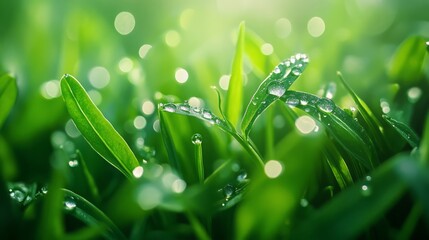 Dew-covered green grass blades in morning light with soft bokeh effect