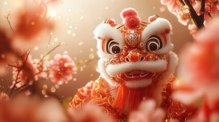 A Chinese New Year background with a lion dancing amidst blossoming flowers, symbolizing luck and prosperity.