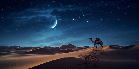 Camel in the desert at night.