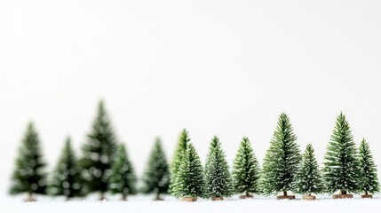 Obraz premium Miniature Pine Trees Standing in Snowy Winter Landscape.