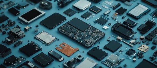 A flat lay of various electronic components on a blue surface.