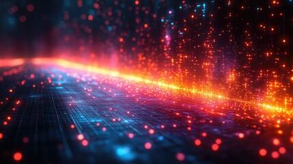Obraz premium Abstract digital glowing particles, red and blue streaks, technology background.