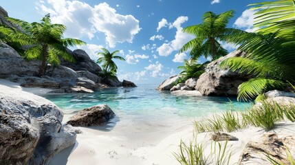 Secluded tropical beach cove with crystal-clear water, white sand, palm trees, and rocks under a sunny sky.
