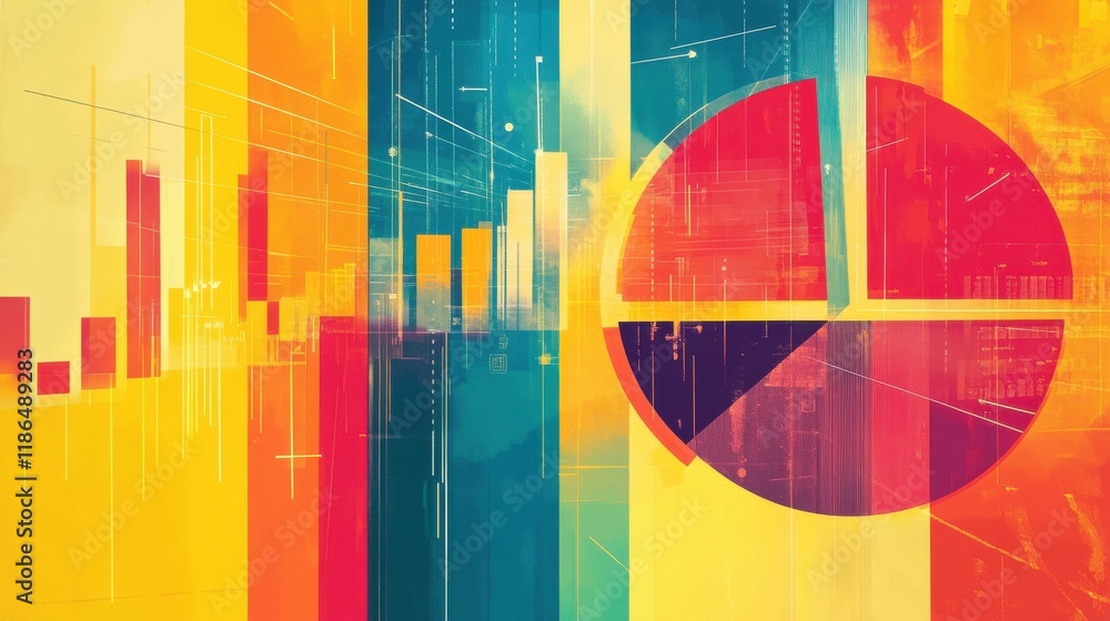 Poster vibrant abstract asset allocation, a dynamic blend of colorful pie charts and graphs illustrating st