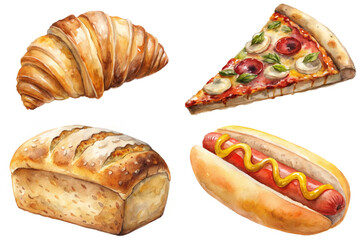 Delicious baked goods, watercolor illustration, croissant, pizza slice, bread loaf, hot dog, food art.