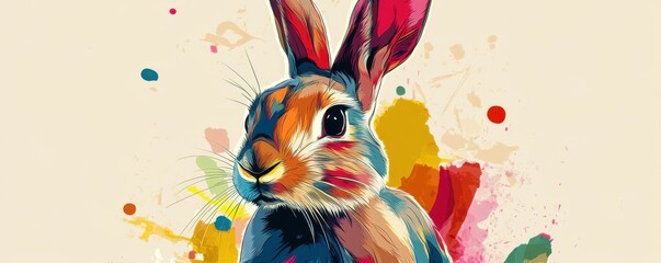 Rabbit illustration, bold colors, graphic design, stylized animal portrait, unique art style on a light background, emphasis on features and colors