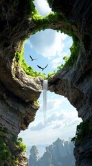 Birds fly above a waterfall cascading through a hole in a mountaintop, revealing a sky and distant landscape.