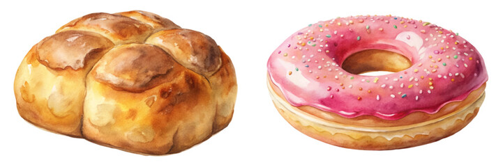 Delicious baked goods, watercolor illustration, soft bread rolls, pink frosted donut, sweet treats, dessert art.