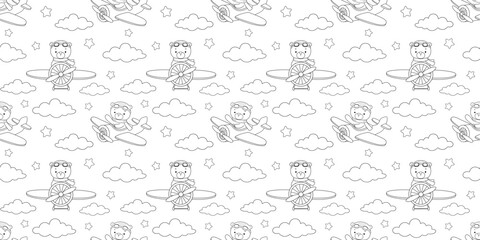 Fototapeta premium Seamless pattern with cute bear pilot on airplane, outline hand drawn illustration on white background