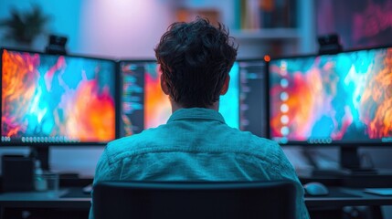 Fototapeta premium Person Working with Multiple Computer Monitors in Dark Room