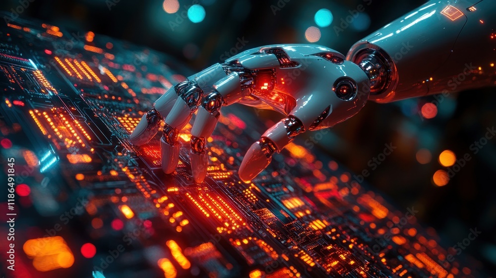 Poster a robotic hand interacts with a glowing circuit board, symbolizing advanced technology.