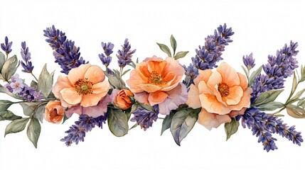 Obraz premium Watercolor Lavender & Peach Roses Border