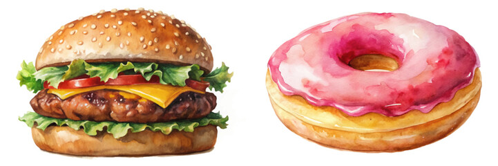 Delicious burger, colorful donut, watercolor style, food illustration, vibrant colors, appetizing design, culinary art.