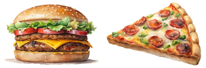 Delicious burger and pizza, vibrant colors, food illustration, fast food, appetizing design, culinary art.