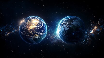 Obraz premium Twin Earths cosmic connection, space dust.