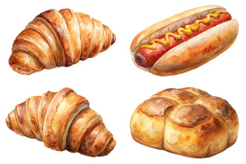 Delicious baked goods, watercolor illustration, croissants and hot dog, food art, culinary design.