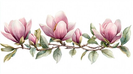 Obraz premium Watercolor Magnolia Branch, Pink Flowers, Botanical