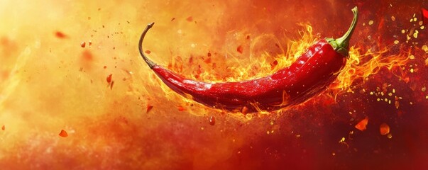 Red chili pepper with flames, vibrant colors, cooking concept, spicy food, creative culinary presentation, bright background showcasing the heat of the pepper, symbolizing intensity and flavor
