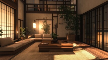Fototapeta premium Serene Japanese Minimalist Living Room Interior Design