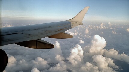 Fototapeta premium An expansive view from an airplane window highlights a wing flying above a blanket of fluffy clouds at golden hour, evoking wanderlust and adventure.