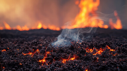 Visual Representations of Wildfire Devastation Theme, Lava flow with glowing embers and smoke rising from scorched earth