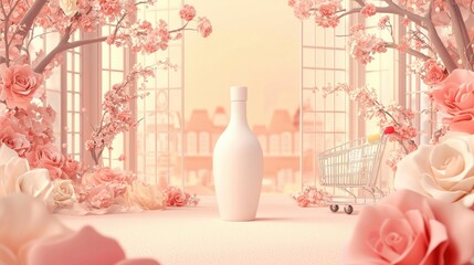 Elegant floral scene featuring a white bottle and shopping cart