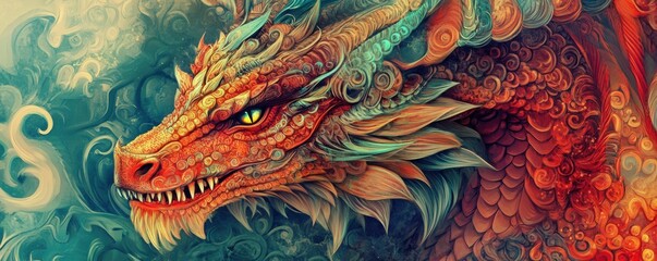 Red dragon head, mythical creature, vibrant scales, fierce expression, intricate details, artistic rendering with a captivating background Perfect for fantasy themes