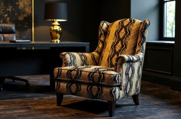 A luxurious snake print velvet armchair in shades of gold and black, placed in a high-end office
