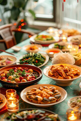 Obraz premium Chinese New Year 2025, serene family dinner setting, traditional dishes on the table, warm lighting, harmonious atmosphere