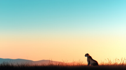 A lone cheetah resting in tall grass with distant hills on the horizon, minimalistic.