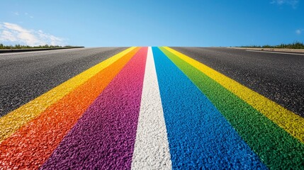 Vibrant Rainbow Road with High Contrast Under a Clear Blue Sky